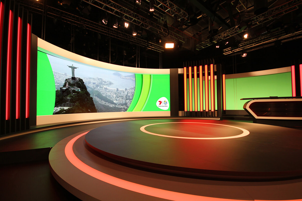 Channel 7 Studio Rio Olympics TV Studio Broadcast Stage Custom Lighting Curved LED Screen