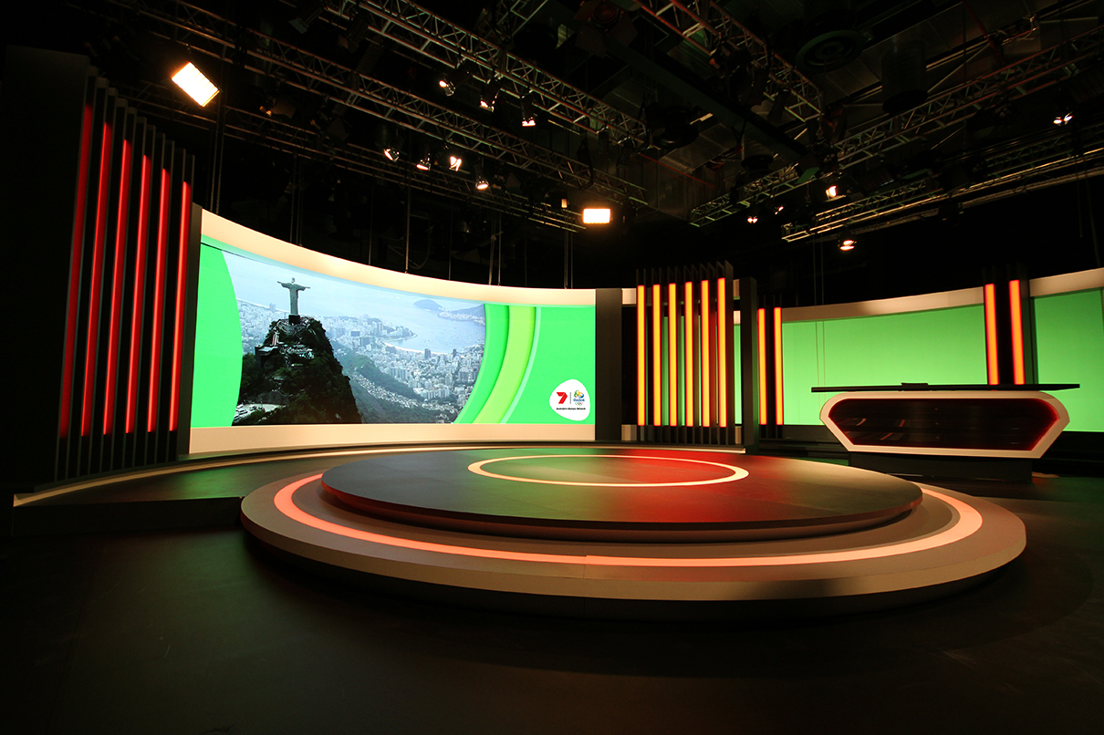 Channel 7 Studio Rio Olympics TV Studio Broadcast Stage Custom Lighting Curved LED Screen