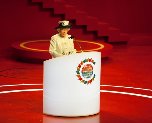 CHOGM Event LED Stage Lighting Design Queen Elizabeth Speaking at a podum