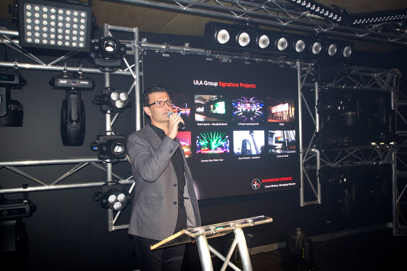 ULA Group Showroom Opening Event Lighting Display Con Presenting