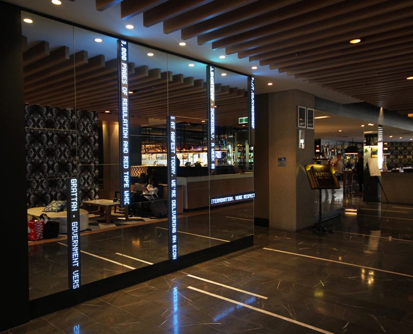 QT Hotel Foyer Artwork Installation Mirror and LED Wall